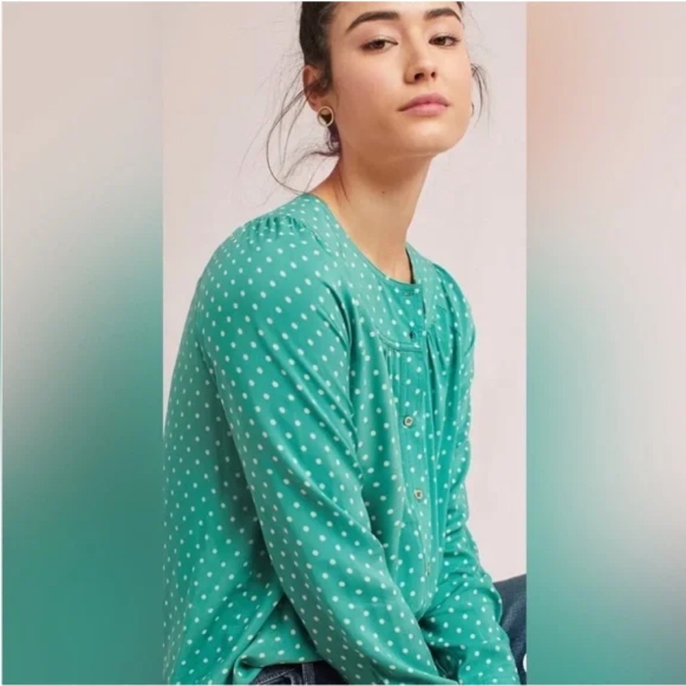 ANTHROPOLOGIE Maeve Green Asbury Polkadot Blouse Large - Picture 1 of 8